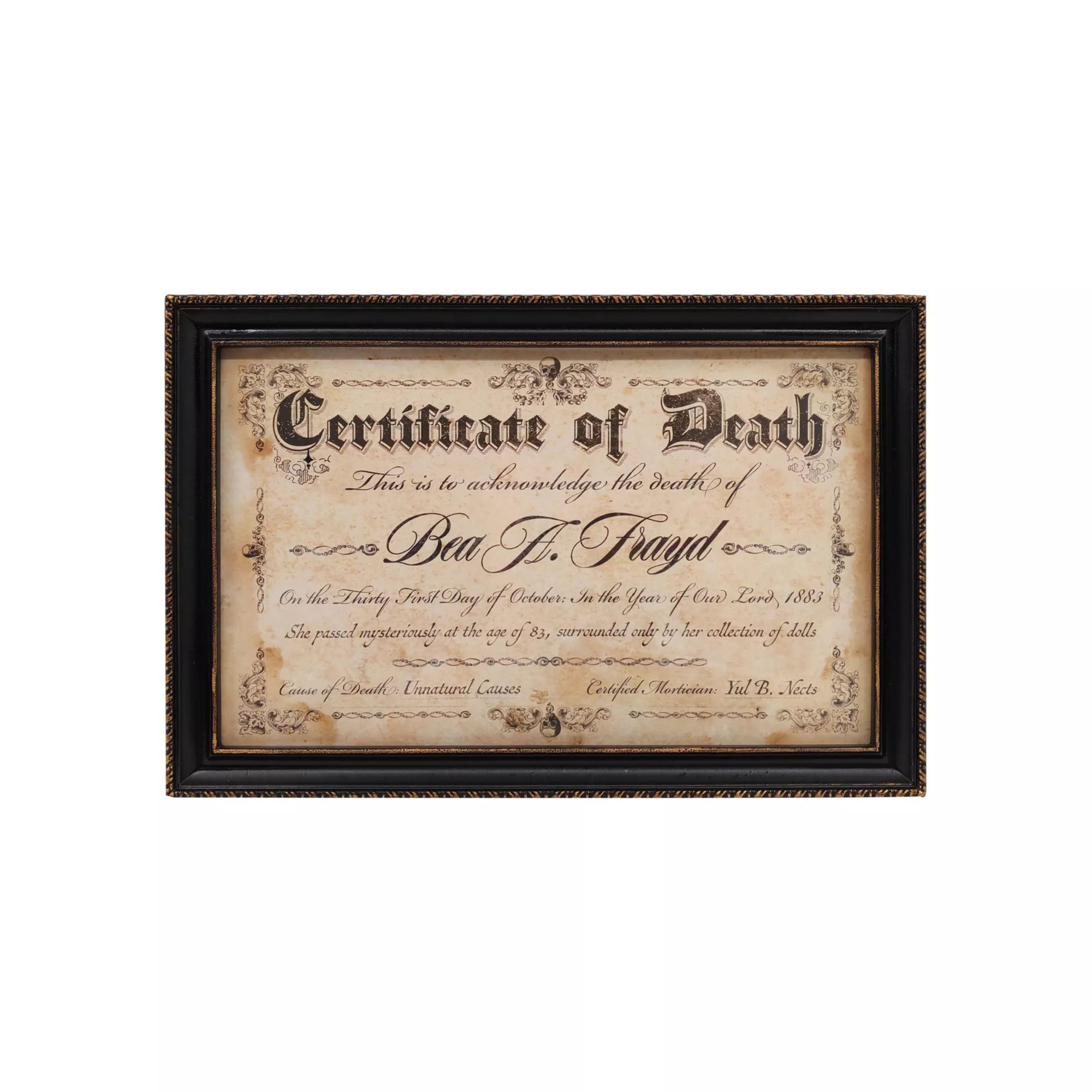 Doll Death Certificate Sign